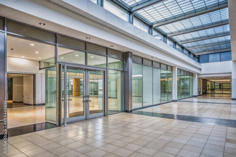Fototapeta premium Modern empty office building entrance with glass door and sleek metal frame, surrounded by vacant mall shops, conveying a sense of closure and abandonment.