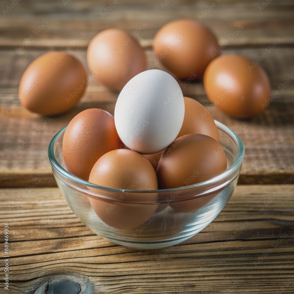 Vibrant brown eggs surround a single white egg in a clear glass bowl, creating a striking contrast on a clean and rustic wooden table background. Vibrant brown eggs surround a single white egg in a clear glass bowl, creating a striking contrast on a clean and rustic wooden table background.