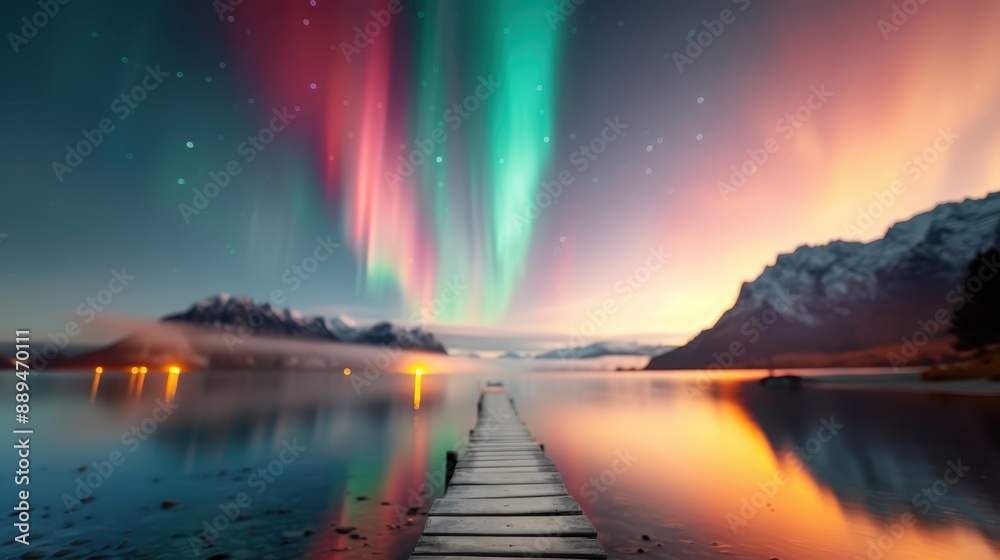 A captivating scene featuring a mesmerizing aurora borealis dancing in the night sky over a tranquil mountain lake with a wooden dock, all set against a beautiful sunset. A captivating scene featuring a mesmerizing aurora borealis dancing in the night sky over a tranquil mountain lake with a wooden dock, all set against a beautiful sunset.