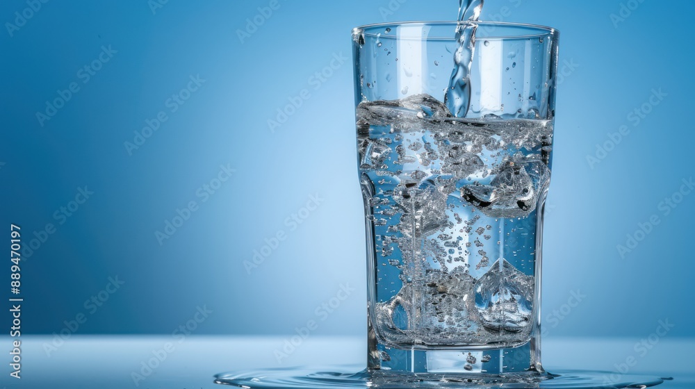 Pouring water into a glass on a blue background Pouring water into a glass on a blue background