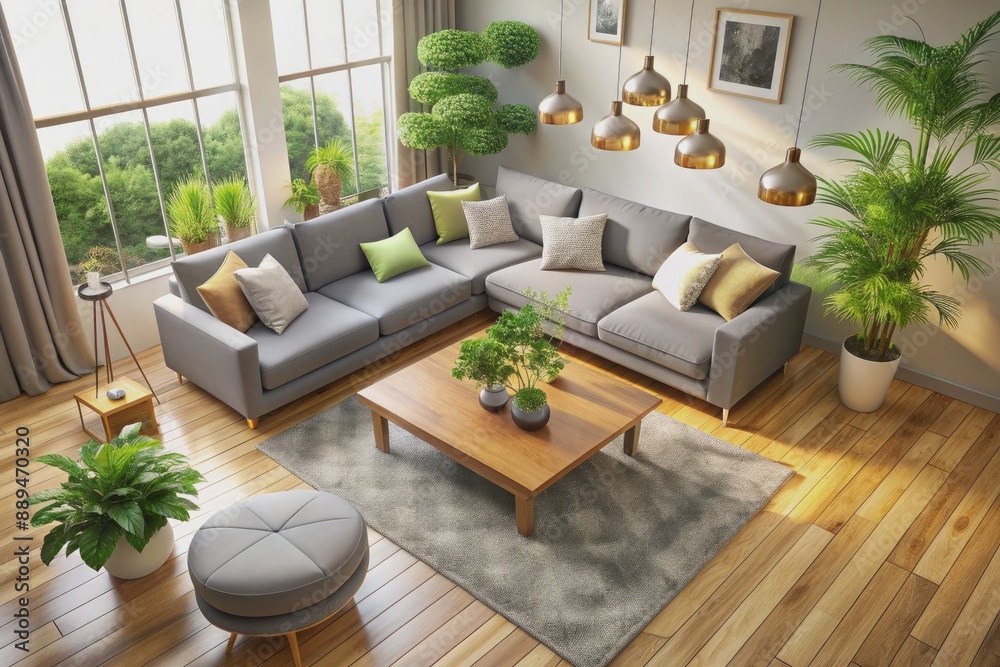 Fototapeta premium Cozy modern living room interior with sleek coffee table, plush gray sofa, and vibrant greenery, seen from above, surrounded by cream-colored walls and light wood flooring.