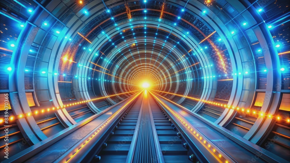 Futuristic tunnel pulses with bright blue and orange lights, conveying high-speed data transmission through a mesmerizing network of cables and fiber optics. Futuristic tunnel pulses with bright blue and orange lights, conveying high-speed data transmission through a mesmerizing network of cables and fiber optics.