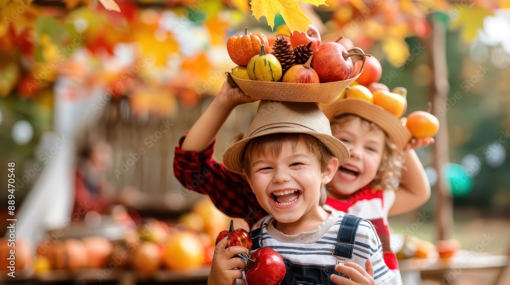 Fototapeta premium Three children are laughing joyfully while holding a basket filled with various fruits during a fall harvest activity, expressing happiness and playful spirits in the fall scenery.