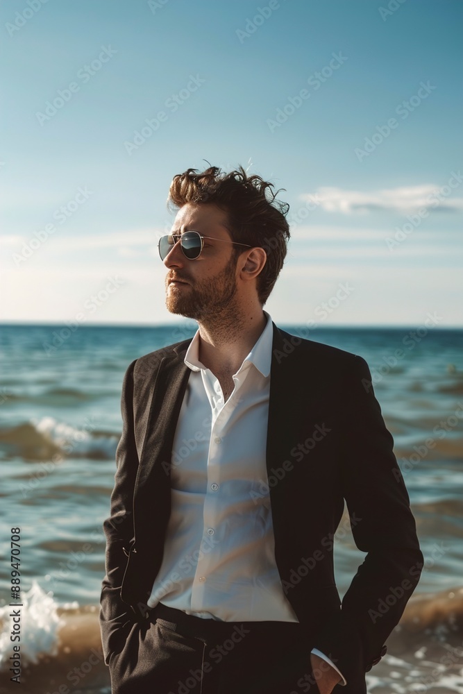 Handsome business man standing on a seaside and looking Handsome business man standing on a seaside and looking