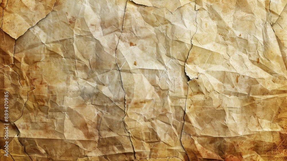 A brown paper with a lot of wrinkles and creases. The paper is torn and has a rough texture A brown paper with a lot of wrinkles and creases. The paper is torn and has a rough texture