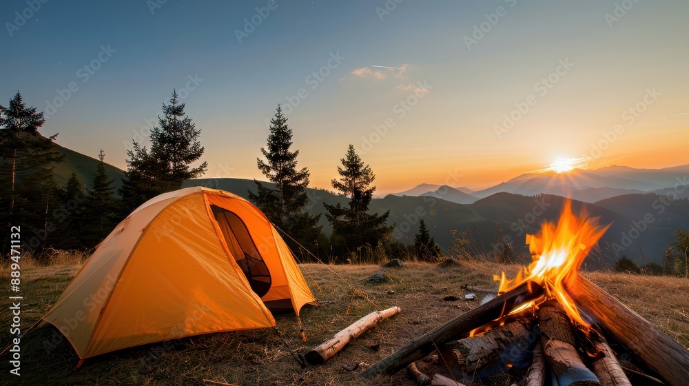 A serene snapshot of a camping scene at sunset, featuring an orange tent and a crackling campfire set against the backdrop of hills and distant mountains. A serene snapshot of a camping scene at sunset, featuring an orange tent and a crackling campfire set against the backdrop of hills and distant mountains.