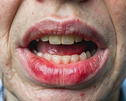 Close-up of lips with severe swelling and redness, illustrating Quincke edema symptoms, with noticeable inflammation and puffiness around the mouth area. photo
