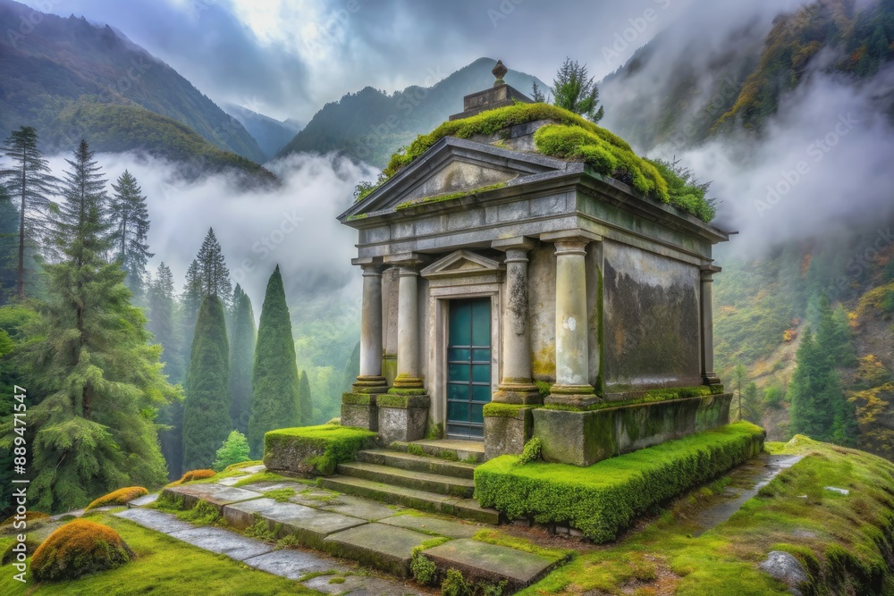 Fototapeta premium Majestic marble mausoleum monument with mature moss growing on majestic manifold momentum memorial markers midst mystical morning misty mountainous landscape background.