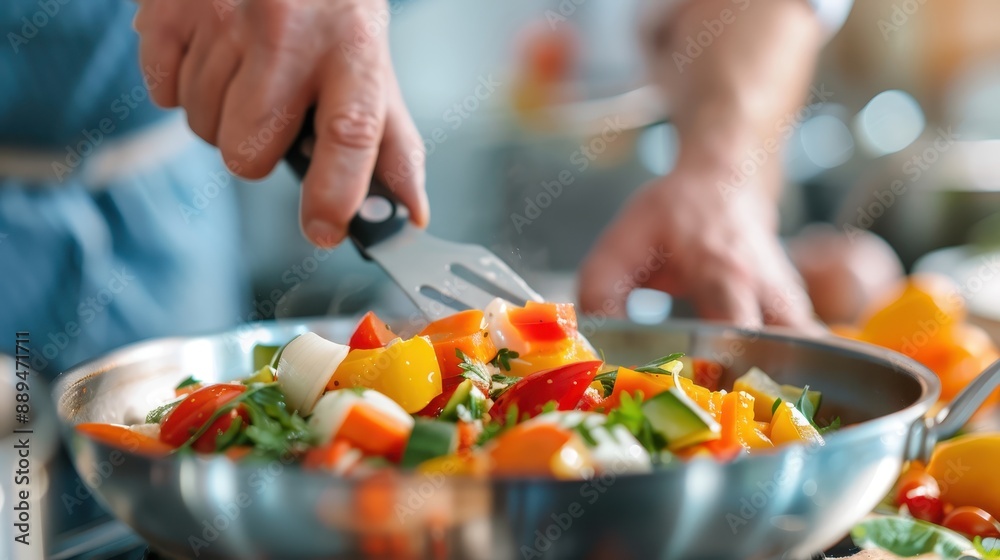 An array of colorful vegetables are being carefully cooked in a silver pan, showcasing the fresh ingredients, vibrant colors, and hands-on preparation of a healthy dish. An array of colorful vegetables are being carefully cooked in a silver pan, showcasing the fresh ingredients, vibrant colors, and hands-on preparation of a healthy dish.