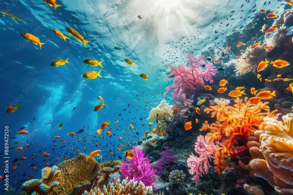 vibrant coral reef teeming with diverse marine life schools of tropical ...