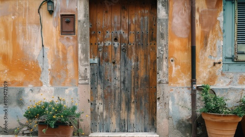 A door with a rusty knob sits in front of a building with a yellow wall. The door is wooden and has a brass knob