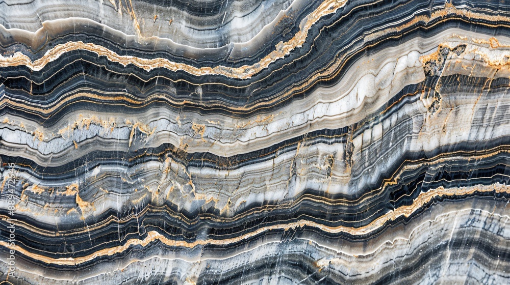 A close-up image of a black and white onyx stone with golden veins, showcasing the intricate details of its natural pattern A close-up image of a black and white onyx stone with golden veins, showcasing the intricate details of its natural pattern