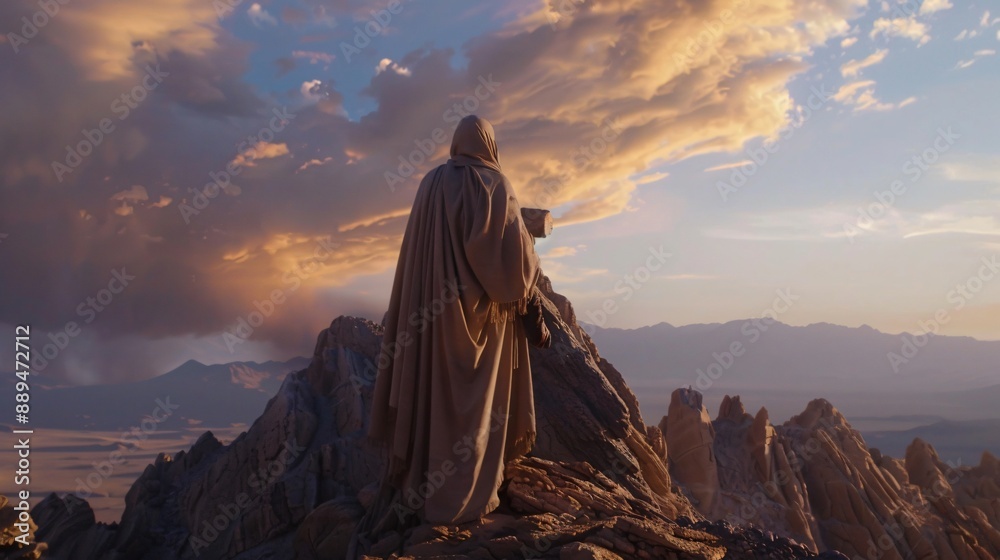 A figure in a robe gazes at a sunset from a mountain peak, surrounded by colorful sky and clouds A figure in a robe gazes at a sunset from a mountain peak, surrounded by colorful sky and clouds