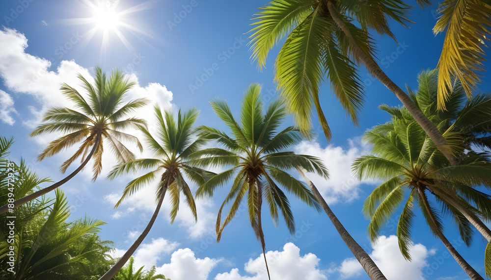 palm leaves on blue bright cloudy sky sunshine tropical beach 2 palm leaves on blue bright cloudy sky sunshine tropical beach 2