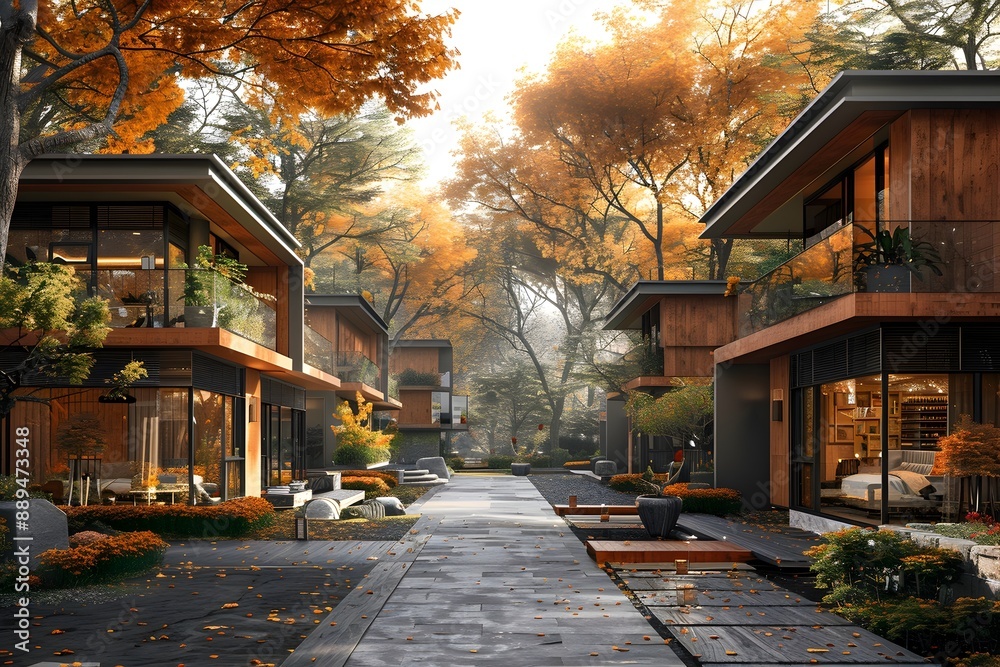 Fototapeta premium Cozy Autumnal Cottage Style Community with Shared Living Spaces in Warm Natural Setting