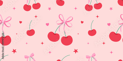 A pattern of cherries and bows on a pink background