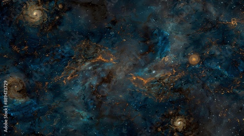 A deep space image depicting a dark blue night sky with multiple spiral galaxies and a scattering of stars