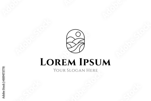 mountain natural landscape logo in oval frame with line art design style