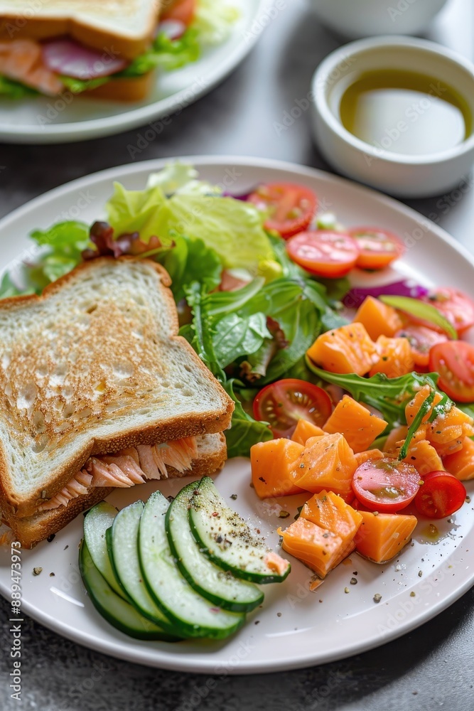 A plate of food with a grilled salmon, tomatoes, and lettuce. The plate is set on a table with a glass of beer A plate of food with a grilled salmon, tomatoes, and lettuce. The plate is set on a table with a glass of beer