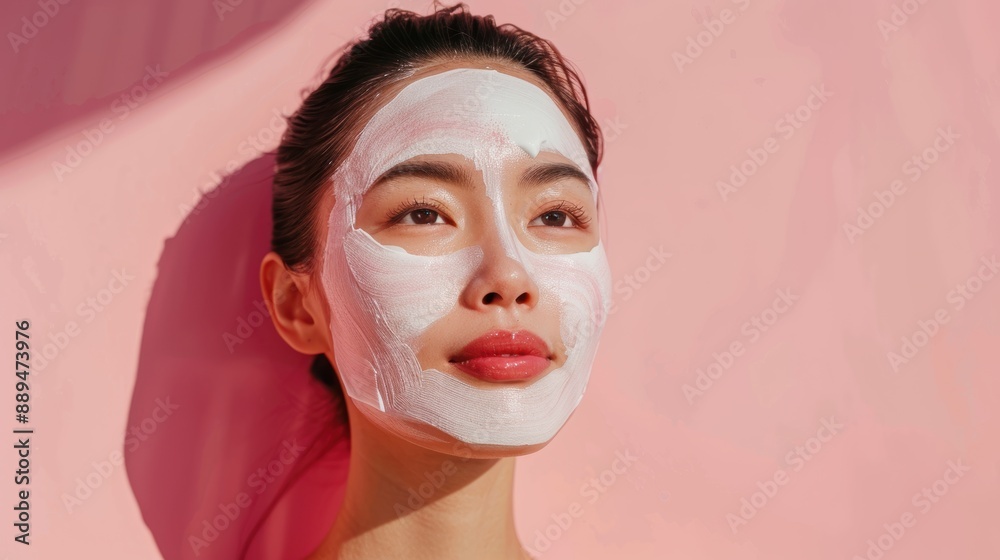 Portrait of Serene Asian Woman Applying Nourishing Face Mask for Glowing Skin Enhancement Portrait of Serene Asian Woman Applying Nourishing Face Mask for Glowing Skin Enhancement