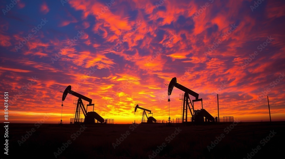 Fototapeta premium Multiple oil pumpjacks operating at sunset