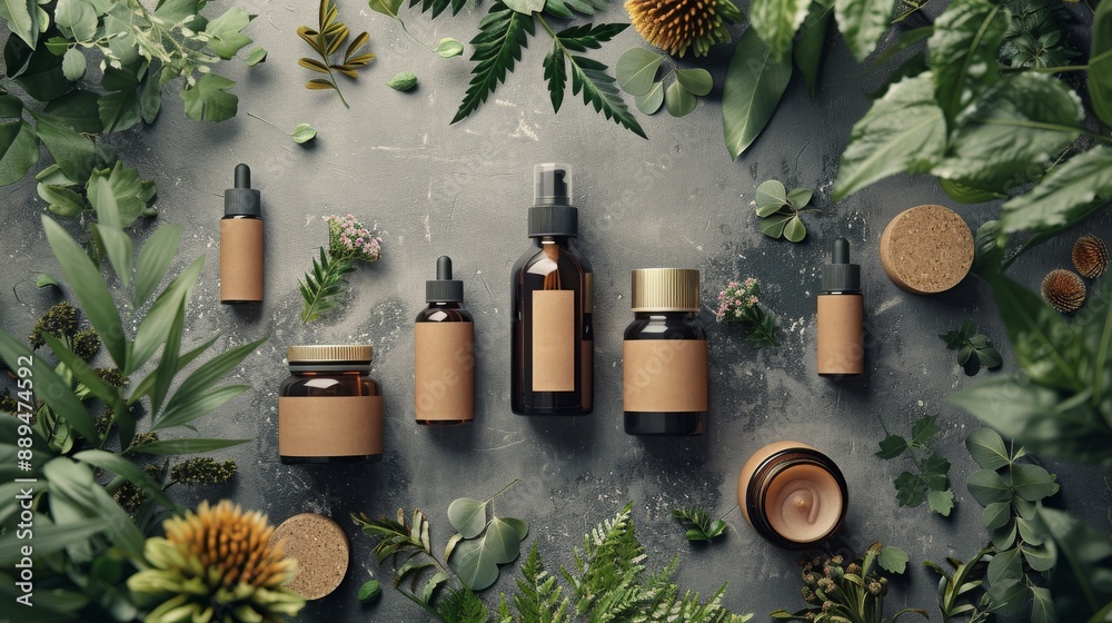 A flat lay of Cosmetic skin care products with eucalyptus