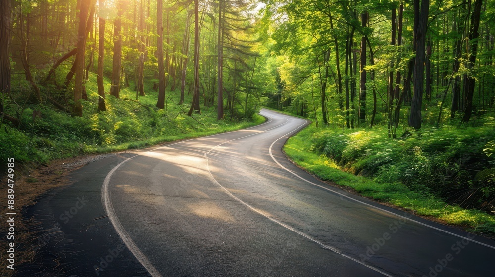 A winding road in a forest with trees on both sides. The road is surrounded by green foliage and the sunlight is shining through the trees A winding road in a forest with trees on both sides. The road is surrounded by green foliage and the sunlight is shining through the trees