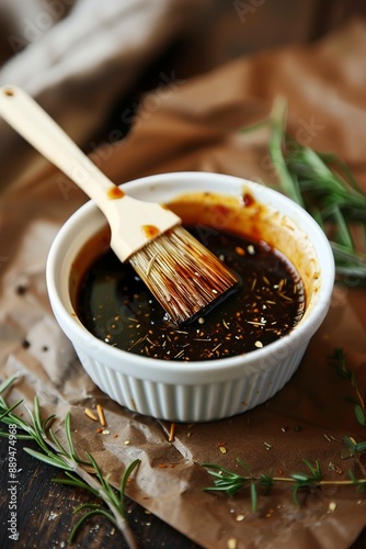 Marinade in bowl and basting brush on brown table