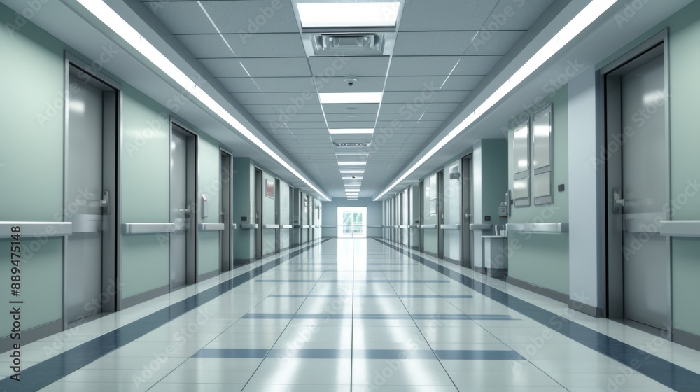 An empty, well-lit hospital corridor with clean An empty, well-lit hospital corridor with clean