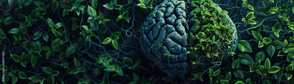 Conceptual image of a brain integrated with greenery, symbolizing nature and human thought connection, surrounded by lush foliage. Conceptual image of a brain integrated with greenery, symbolizing nature and human thought connection, surrounded by lush foliage.