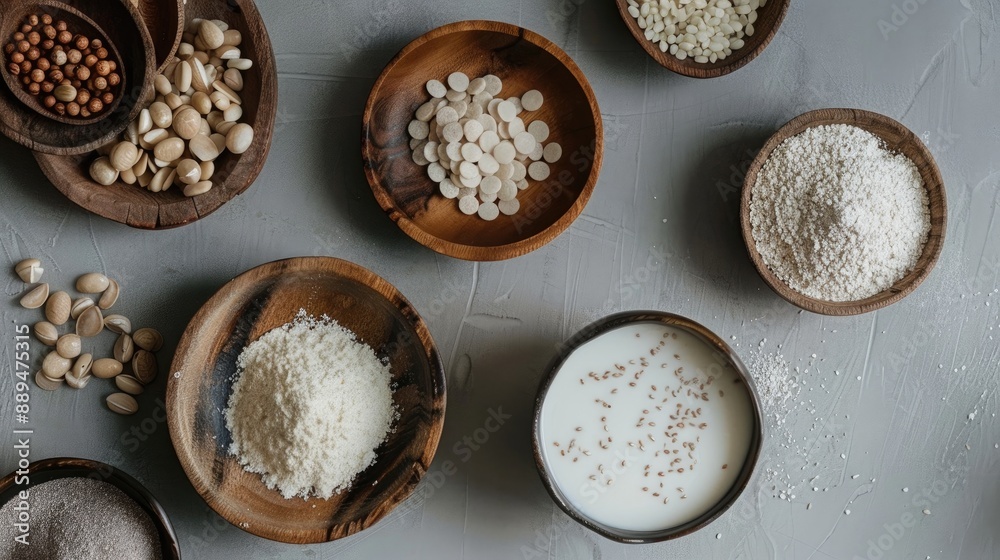 Ingredients for plant based milk on wooden plates from above gray surface vegan lifestyle Ingredients for plant based milk on wooden plates from above gray surface vegan lifestyle