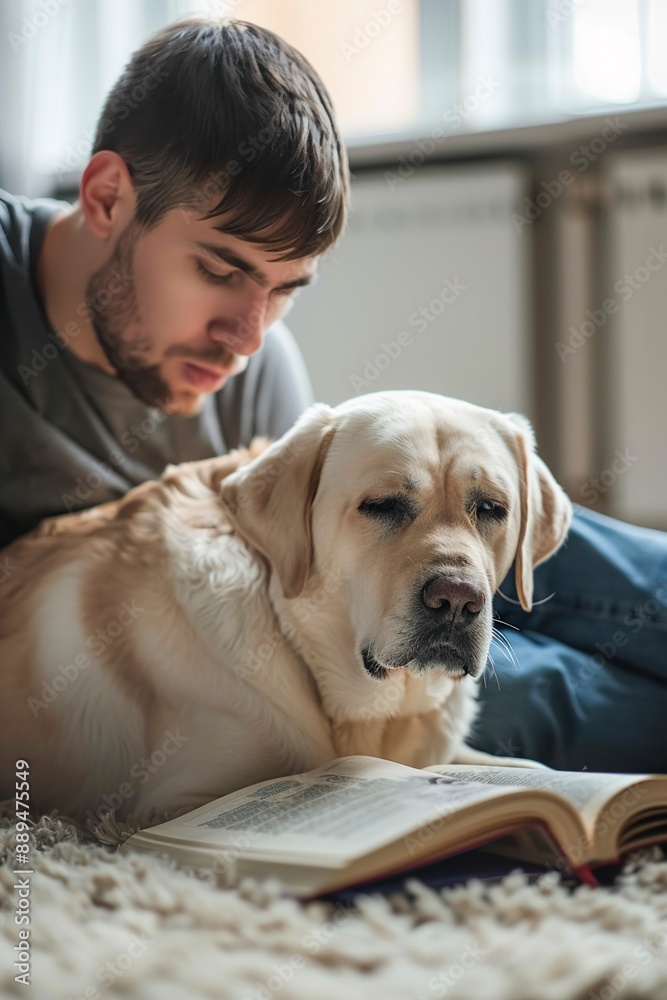 Man reading book on floor near his cute dog Labrador Man reading book on floor near his cute dog Labrador