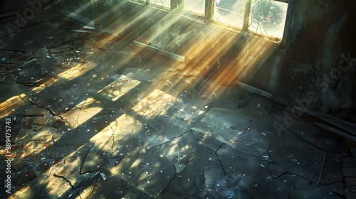 Broken Window with Sun Rays: Sun rays streaming through a broken window, casting dramatic shadows and highlights on the floor.
