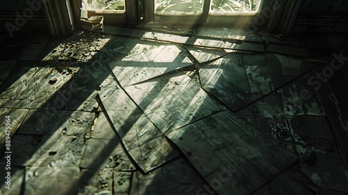 Broken Window with Sun Rays: Sun rays streaming through a broken window, casting dramatic shadows and highlights on the floor.
