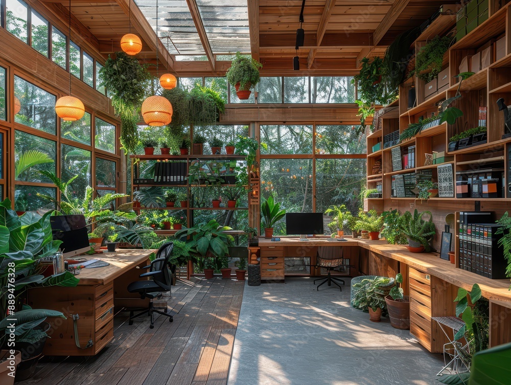 Sustainable Workspace - Team of Employees Working in Eco-Friendly Office Surrounded by Plants and Natural Light Sustainable Workspace - Team of Employees Working in Eco-Friendly Office Surrounded by Plants and Natural Light