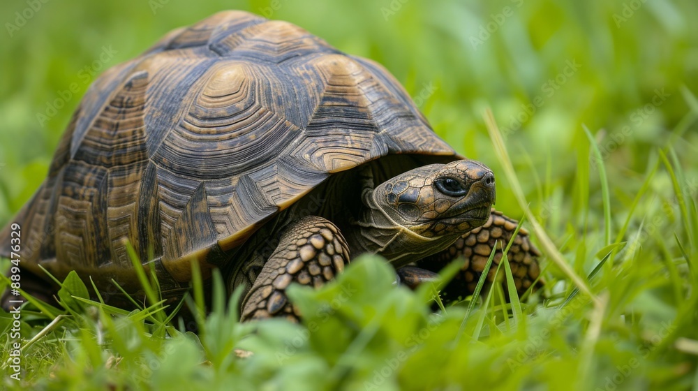 A land tortoise slowly moving through a grassy area A land tortoise slowly moving through a grassy area