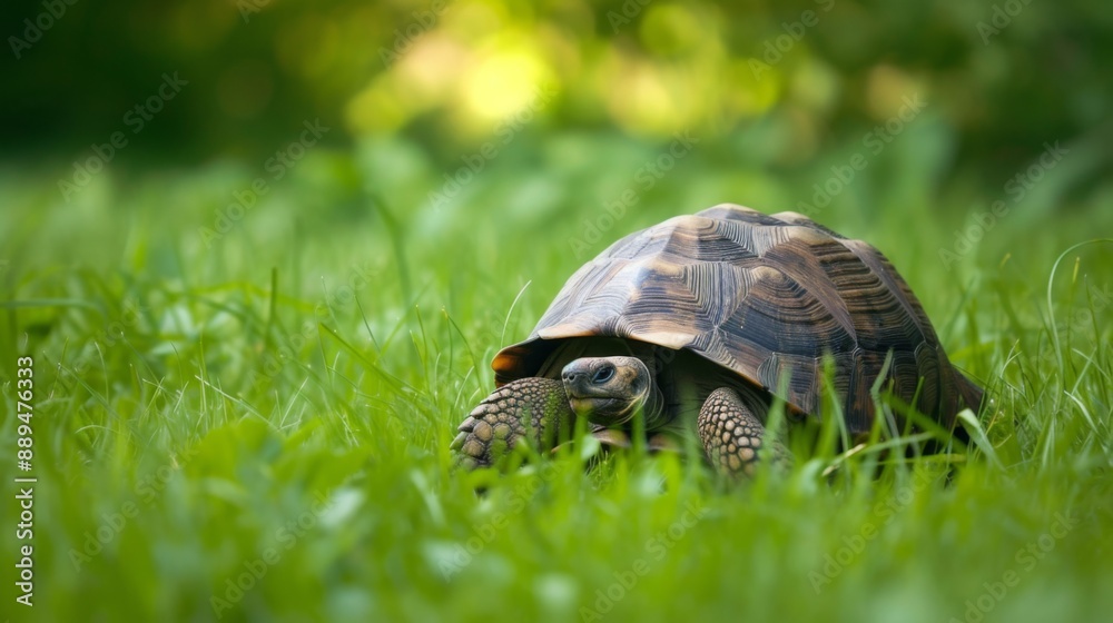 A land tortoise slowly moving through a grassy area A land tortoise slowly moving through a grassy area