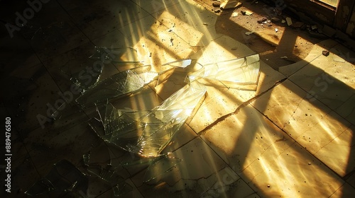 Broken Window with Sun Rays: Sun rays streaming through a broken window, casting dramatic shadows and highlights on the floor.
