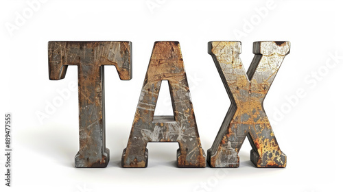 The word TAX rusty iron texture isolated white background