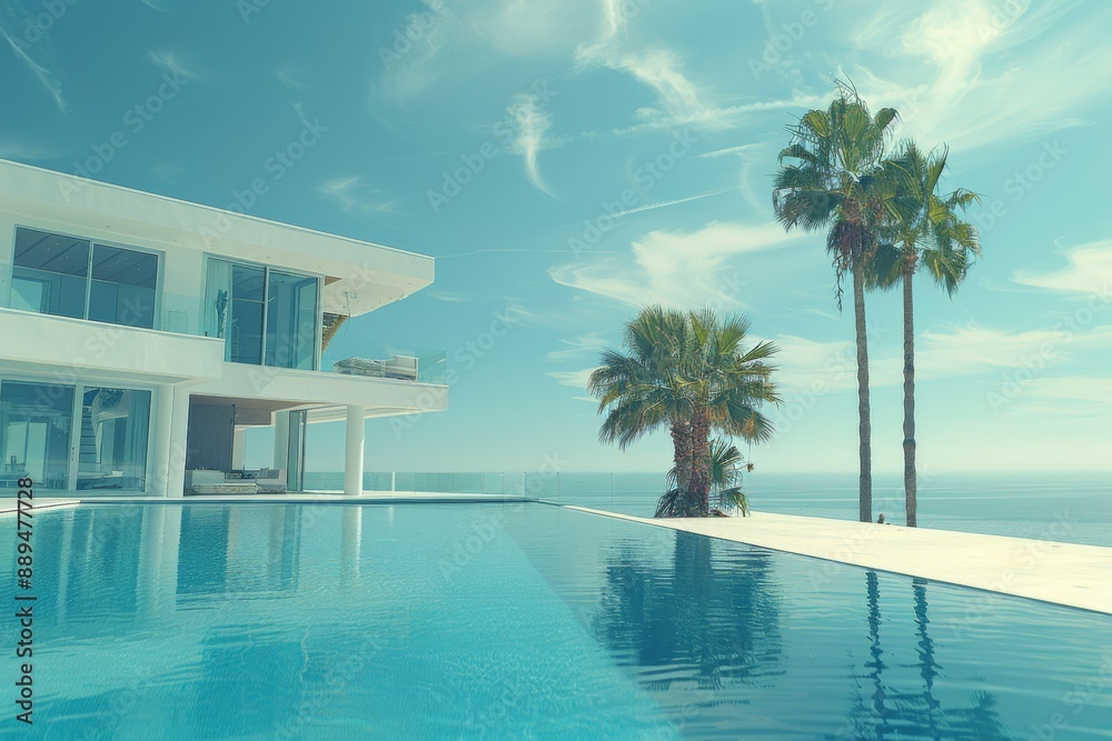 Fototapeta premium Modern beachfront villa with infinity pool offering stunning ocean views creating a luxurious and serene vacation retreat