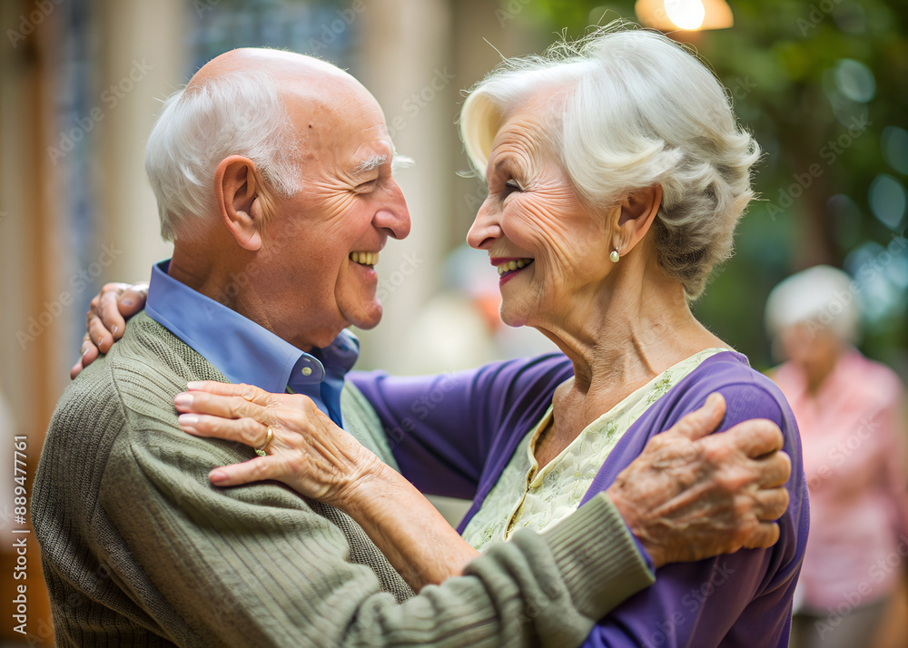 An elderly couple looks into each other's eyes, hugs, and dances happiness against the backdrop of the street. An elderly couple looks into each other's eyes, hugs, and dances happiness against the backdrop of the street.