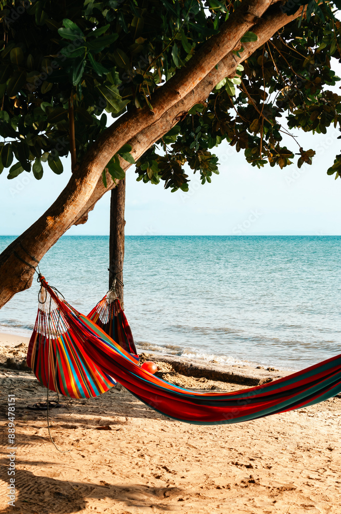landscape on the beach with hammock to rest. Gulf of Morrosquillo, San Bernardo Archipelago landscape on the beach with hammock to rest. Gulf of Morrosquillo, San Bernardo Archipelago