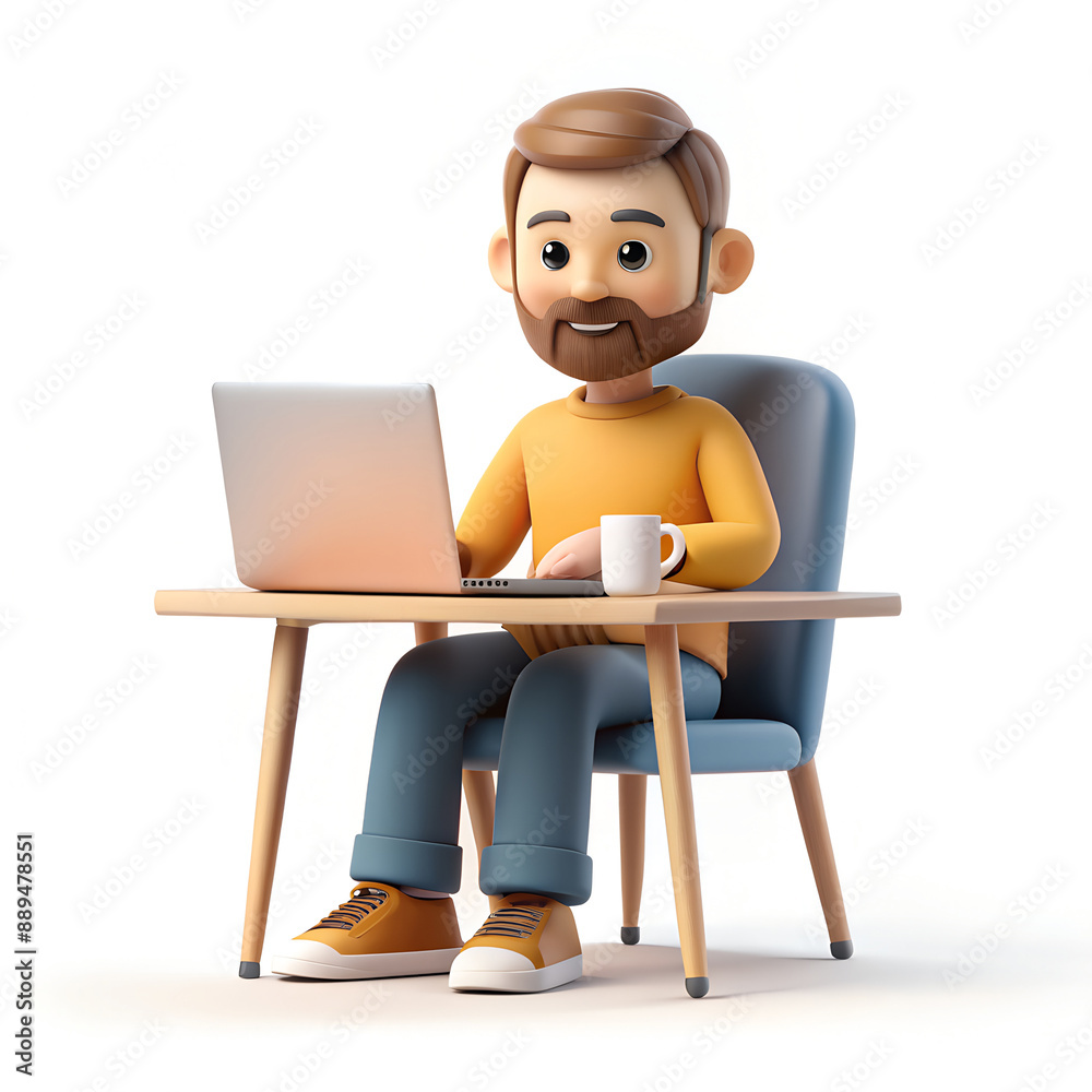 Man with a beard freelance businessman sitting at a table with a laptop in 3D style on a white background Man with a beard freelance businessman sitting at a table with a laptop in 3D style on a white background