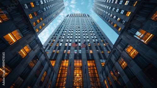 Wallpaper Mural merican flags flying in front of the tall building with blue sky background, Torontodigital.ca