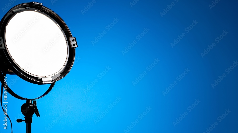 A large, round studio light with a white diffuser is positioned on a tripod stand against a bright blue background A large, round studio light with a white diffuser is positioned on a tripod stand against a bright blue background