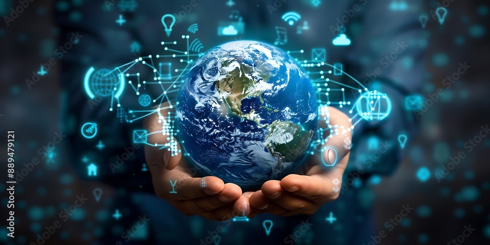 A digital hand holding the Earth, with glowing blue and white lines connecting it to circuitry around in space.
A digital hand holding the Earth, with glowing blue and white lines connecting it to circuitry around in space.