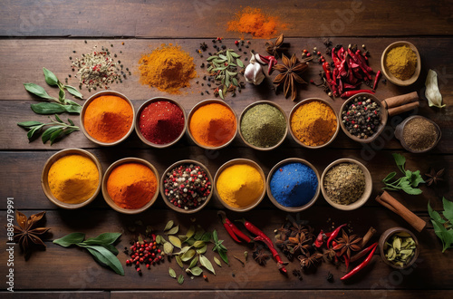 Variety of spices arranged in small bowls on awooden surface colorful and aromatic scene photo