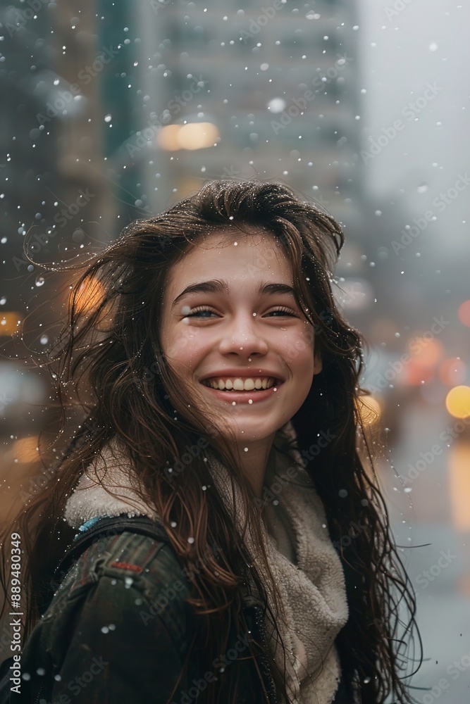 An One young woman smiling walking in rain An One young woman smiling walking in rain