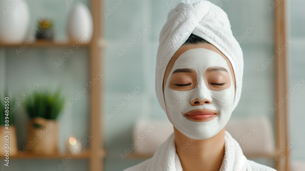 South Korean Woman Using Kaolin Clay Mask to Purify Acne-Prone Skin in Serene Spa Environment South Korean Woman Using Kaolin Clay Mask to Purify Acne-Prone Skin in Serene Spa Environment