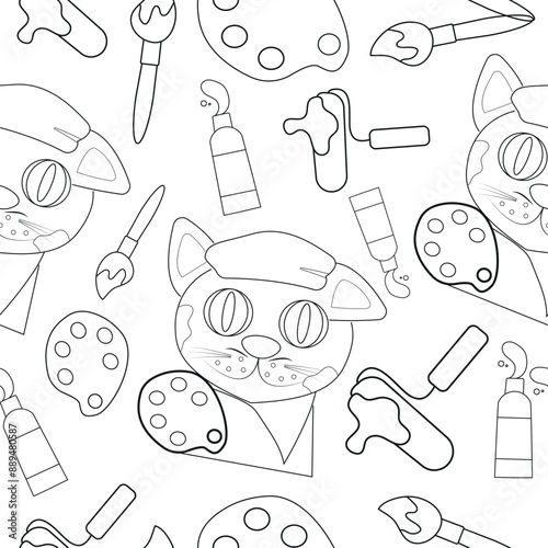 seamless pattern of a cat in the image of an artist with a palette, a beret and paints on his face and various brushes, drawn in outline, in the style of line art